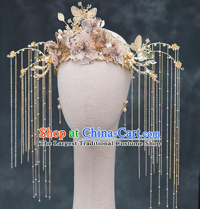 Top Chinese Traditional Bride Golden Hair Crown Handmade Hairpins Wedding Hair Accessories Complete Set