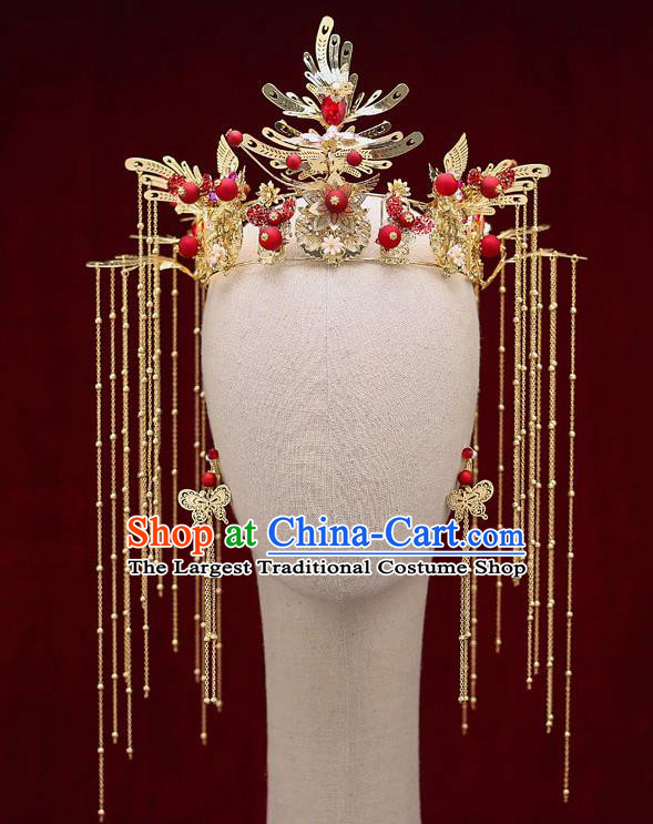 Top Chinese Traditional Bride Red Beads Tassel Phoenix Coronet Handmade Wedding Tassel Hairpins Hair Accessories Complete Set