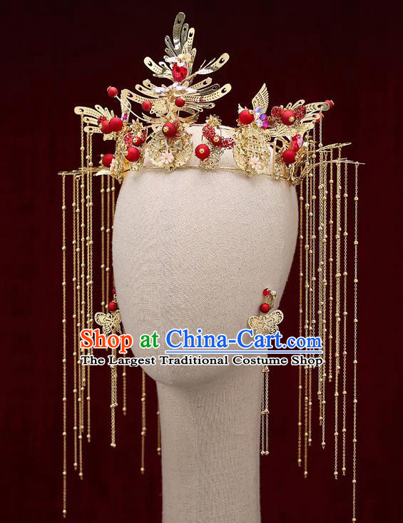 Top Chinese Traditional Bride Red Beads Tassel Phoenix Coronet Handmade Wedding Tassel Hairpins Hair Accessories Complete Set
