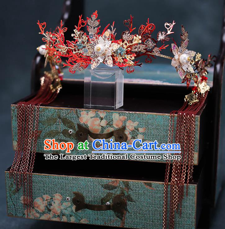 Top Chinese Traditional Bride Red Tassel Flowers Phoenix Coronet Handmade Wedding Tassel Hairpins Hair Accessories Complete Set