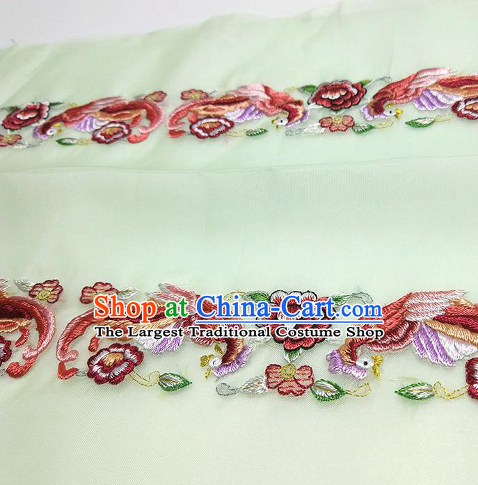 Asian Chinese Traditional Embroidered Phoenix Peony Pattern Design Light Green Silk Fabric China Hanfu Silk Material
