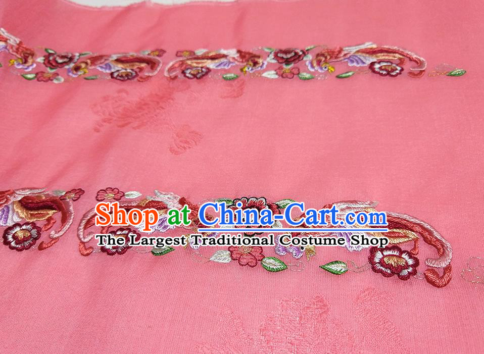 Asian Chinese Traditional Embroidered Phoenix Peony Pattern Design Peach Pink Silk Fabric China Hanfu Silk Material