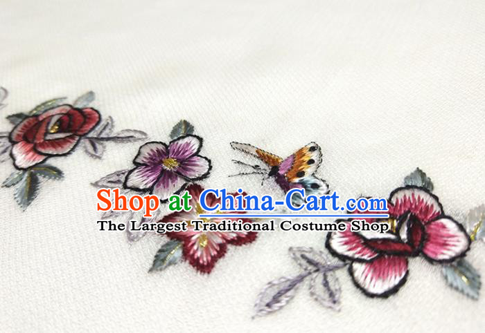 Asian Chinese Traditional Embroidered Butterfly Flowers Pattern Design White Silk Fabric China Hanfu Silk Material