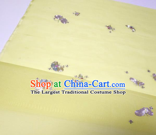 Asian Chinese Traditional Embroidered Butterfly Pattern Design Light Yellow Silk Fabric China Hanfu Silk Material