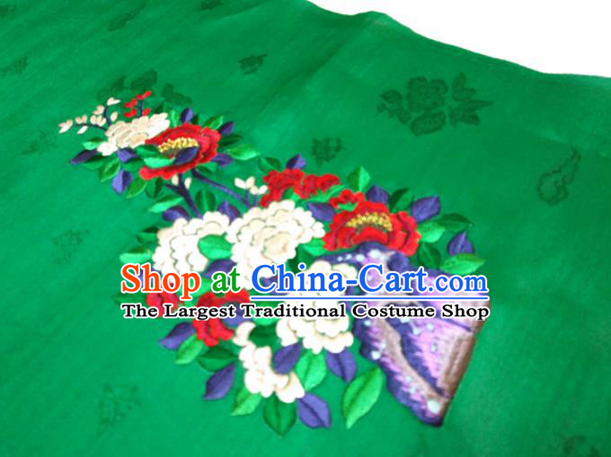 Asian Chinese Traditional Embroidered Peony Butterfly Pattern Design Green Silk Fabric China Hanfu Silk Material