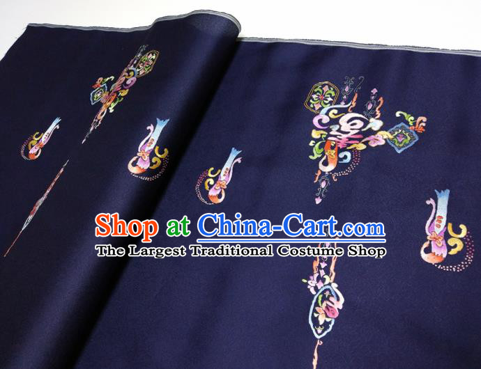 Asian Chinese Traditional Embroidered Longevity Pattern Design Navy Silk Fabric China Hanfu Silk Material