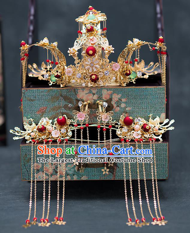 Top Chinese Traditional Bride Luxury Phoenix Coronet Handmade Tassel Hairpins Wedding Hair Accessories Complete Set
