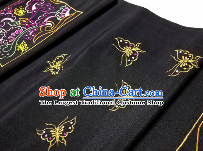 Asian Chinese Traditional Embroidered Butterfly Pattern Design Black Silk Fabric China Hanfu Silk Material
