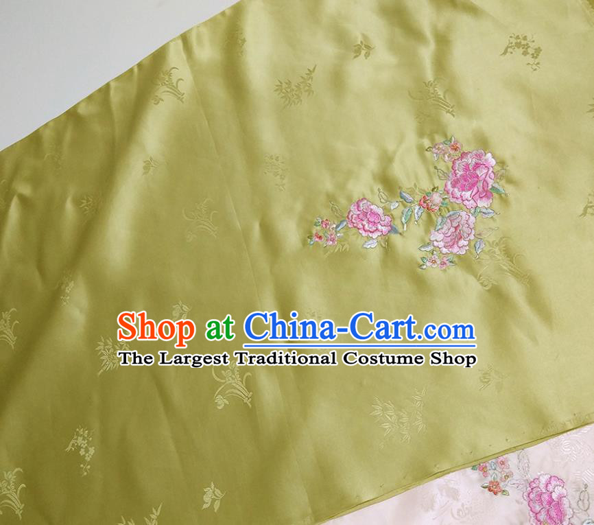 Chinese Traditional Embroidered Peony Pattern Design Light Green Silk Fabric Asian Brocade China Hanfu Satin Material