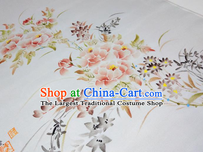 Chinese Traditional Printing Peony Orchid Pattern Design White Silk Fabric Asian China Hanfu Silk Material