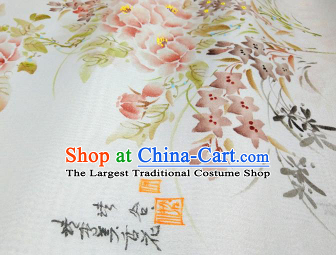 Chinese Traditional Printing Peony Orchid Pattern Design White Silk Fabric Asian China Hanfu Silk Material