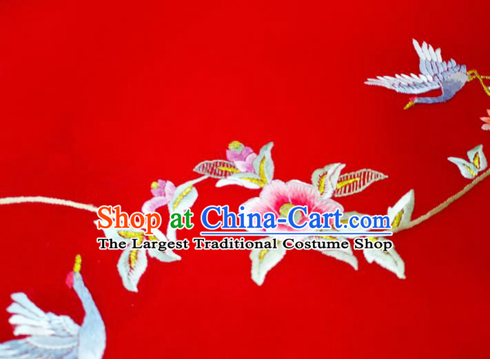 Chinese Traditional Embroidered Crane Flowers Pattern Design Red Silk Fabric Asian China Hanfu Silk Material