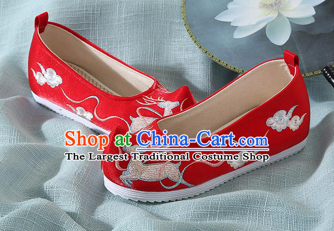Chinese Handmade Embroidered Deer Red Bow Shoes Traditional Ming Dynasty Hanfu Shoes Princess Shoes for Women