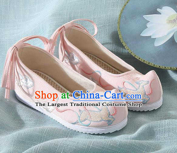 Chinese Handmade Embroidered Deer Pink Bow Shoes Traditional Ming Dynasty Hanfu Shoes Princess Shoes for Women