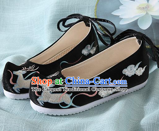 Chinese Handmade Embroidered Deer Black Bow Shoes Traditional Ming Dynasty Hanfu Shoes Princess Shoes for Women