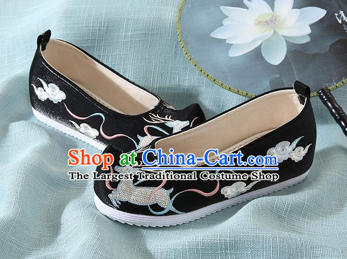 Chinese Handmade Embroidered Deer Black Bow Shoes Traditional Ming Dynasty Hanfu Shoes Princess Shoes for Women