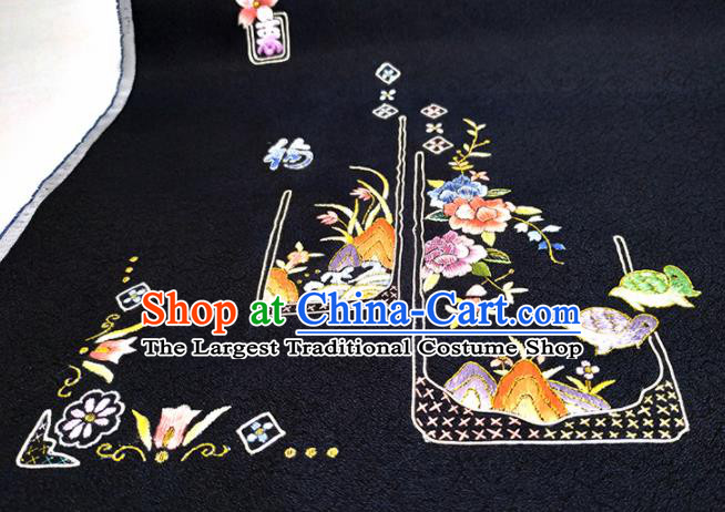 Chinese Traditional Embroidered Tortoise Peony Pattern Design Black Silk Fabric Asian China Hanfu Silk Material