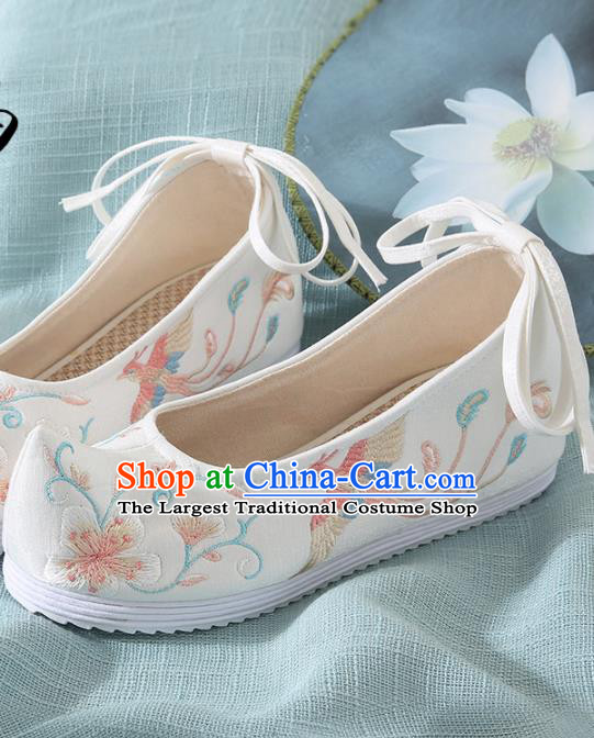 Chinese Handmade Embroidered Plum Bird White Bow Shoes Traditional Ming Dynasty Hanfu Shoes Princess Shoes for Women