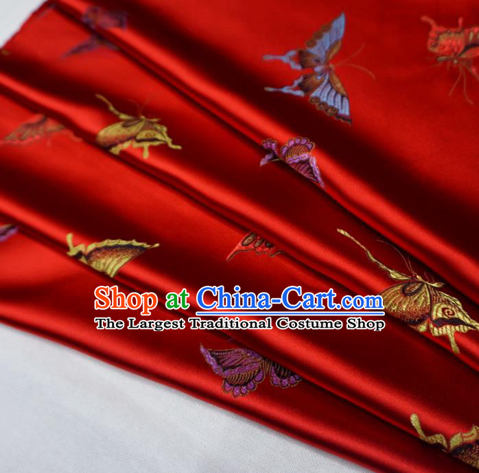 Chinese Traditional Colorful Butterfly Pattern Design Red Brocade Fabric Asian Satin China Hanfu Silk Material