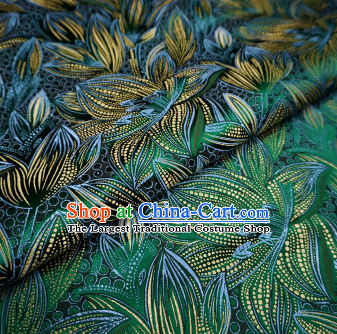 Chinese Traditional Lily Flowers Pattern Design Deep Green Brocade Fabric Asian Satin China Hanfu Silk Material