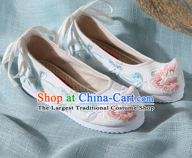 Chinese Handmade Embroidered Peony White Bow Shoes Traditional Ming Dynasty Hanfu Shoes Princess Shoes for Women