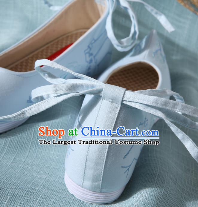 Chinese Handmade Embroidered Pine Blue Bow Shoes Traditional Ming Dynasty Hanfu Shoes Princess Shoes for Women