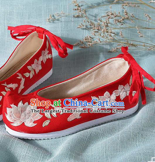 Chinese Handmade Embroidered Lotus Red Bow Shoes Traditional Ming Dynasty Hanfu Shoes Princess Shoes for Women