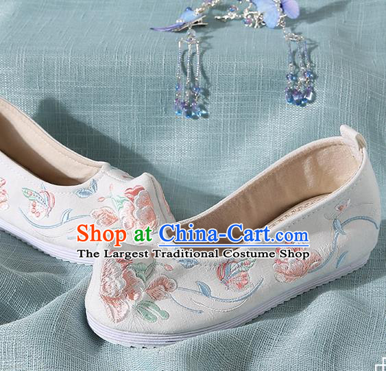 Chinese Handmade Embroidered Peony Butterfly White Bow Shoes Traditional Ming Dynasty Hanfu Shoes Princess Shoes for Women