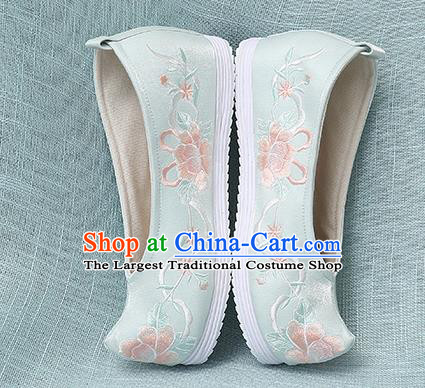 Chinese Handmade Embroidered Peony Light Green Bow Shoes Traditional Ming Dynasty Hanfu Shoes Princess Shoes for Women