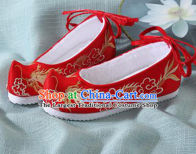 Chinese Handmade Embroidered Dragon Red Bow Shoes Traditional Ming Dynasty Hanfu Shoes Princess Shoes for Women