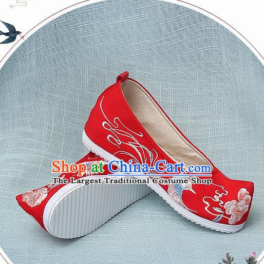 Chinese Handmade Embroidered Bird Peony Red Bow Shoes Traditional Ming Dynasty Hanfu Shoes Princess Shoes for Women