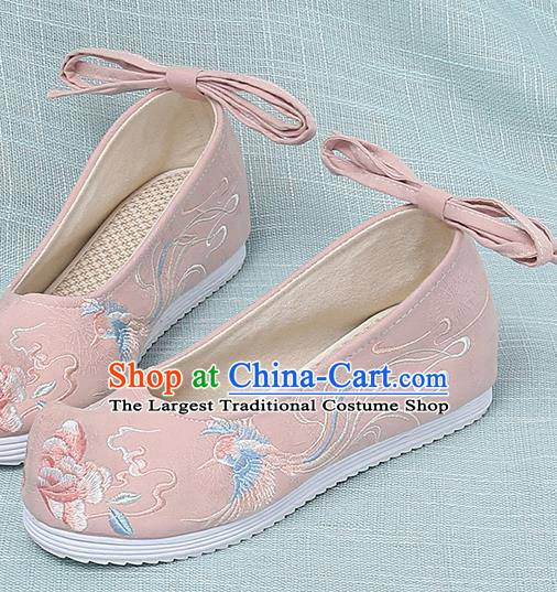 Chinese Handmade Embroidered Bird Peony Pink Bow Shoes Traditional Ming Dynasty Hanfu Shoes Princess Shoes for Women