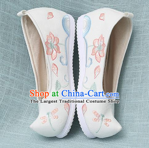 Chinese Handmade Embroidered Dragonfly Lotus White Bow Shoes Traditional Ming Dynasty Hanfu Shoes Princess Shoes for Women