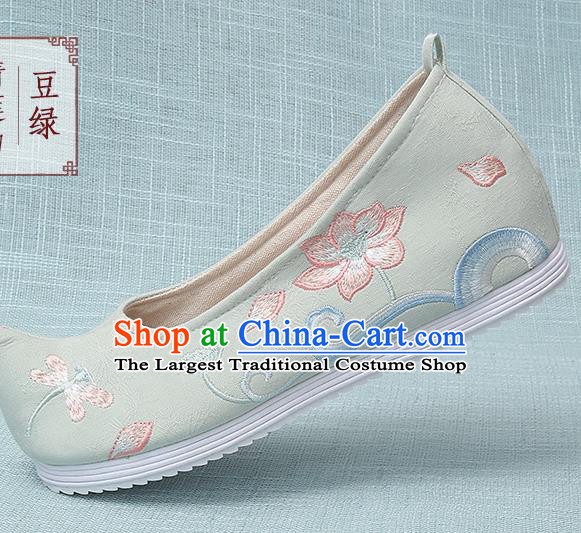 Chinese Handmade Embroidered Dragonfly Lotus Light Green Bow Shoes Traditional Ming Dynasty Hanfu Shoes Princess Shoes for Women