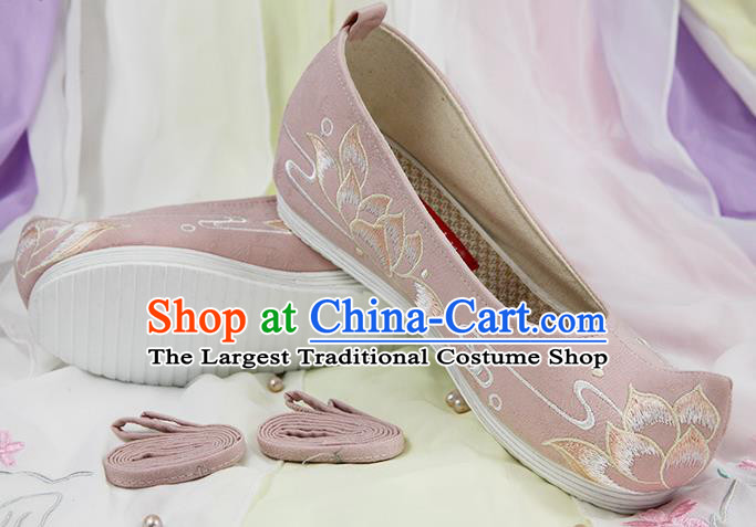 Chinese Handmade Embroidered Lotus Pink Cloth Bow Shoes Traditional Ming Dynasty Hanfu Shoes Princess Shoes for Women