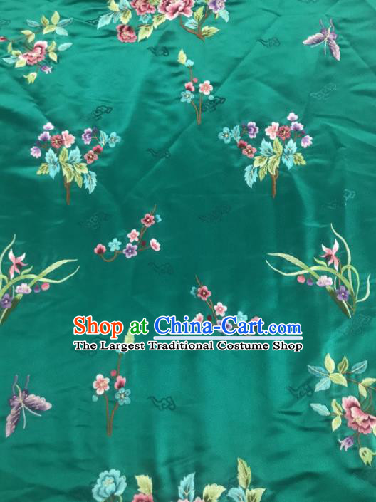 Chinese Traditional Embroidered Orchid Peony Pattern Design Green Silk Fabric Asian China Hanfu Silk Material