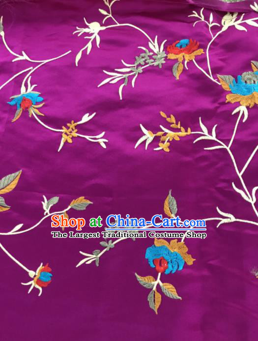 Chinese Traditional Embroidered Vine Flowers Pattern Design Purple Silk Fabric Asian China Hanfu Silk Material