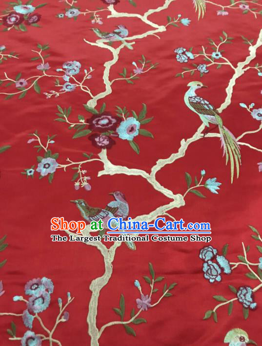 Chinese Traditional Embroidered Begonia Birds Pattern Design Red Silk Fabric Asian China Hanfu Silk Material