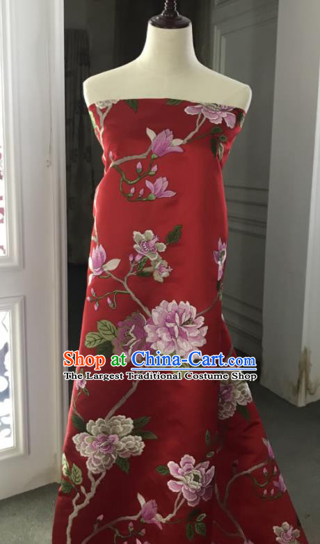Chinese Traditional Embroidered Peony Pattern Design Red Silk Fabric Asian China Hanfu Silk Material
