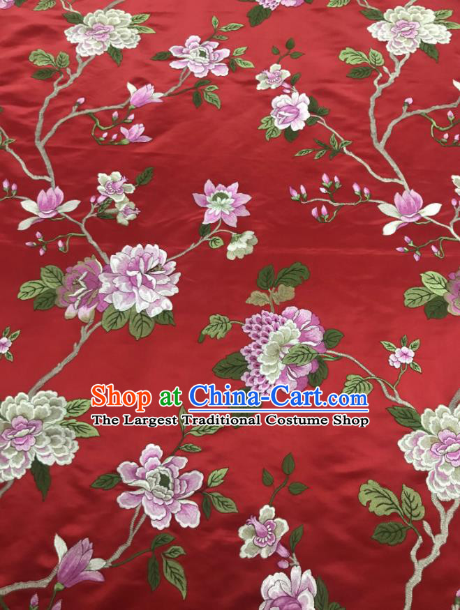 Chinese Traditional Embroidered Peony Pattern Design Red Silk Fabric Asian China Hanfu Silk Material