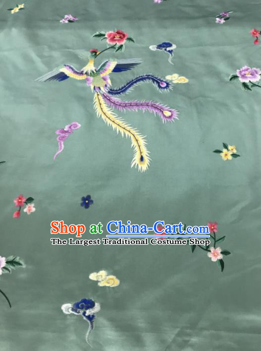 Chinese Traditional Embroidered Phoenix Peony Pattern Design Light Green Silk Fabric Asian China Hanfu Silk Material