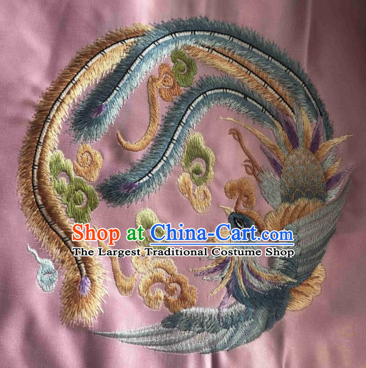 Chinese Traditional Embroidered Round Phoenix Pattern Design Pink Silk Fabric Asian China Hanfu Silk Material