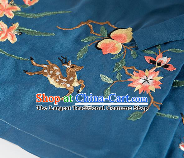 Chinese Traditional Embroidered Deer Pattern Design Blue Flax Fabric Asian China Hanfu Material