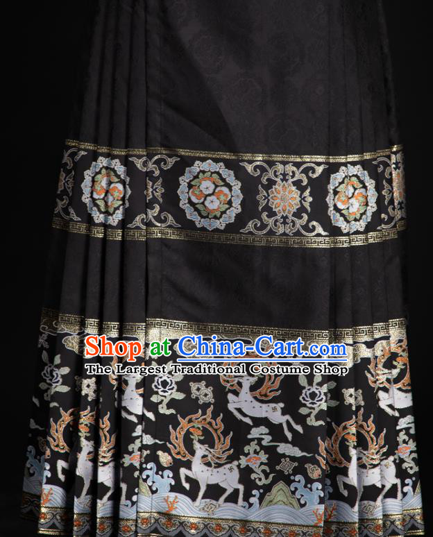 Chinese Traditional Colorful Deer Pattern Design Black Brocade Fabric Asian China Satin Hanfu Material
