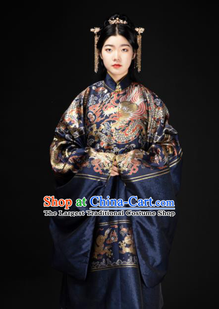 Chinese Traditional Dragon Pattern Design Navy Brocade Fabric Asian China Hanfu Satin Material