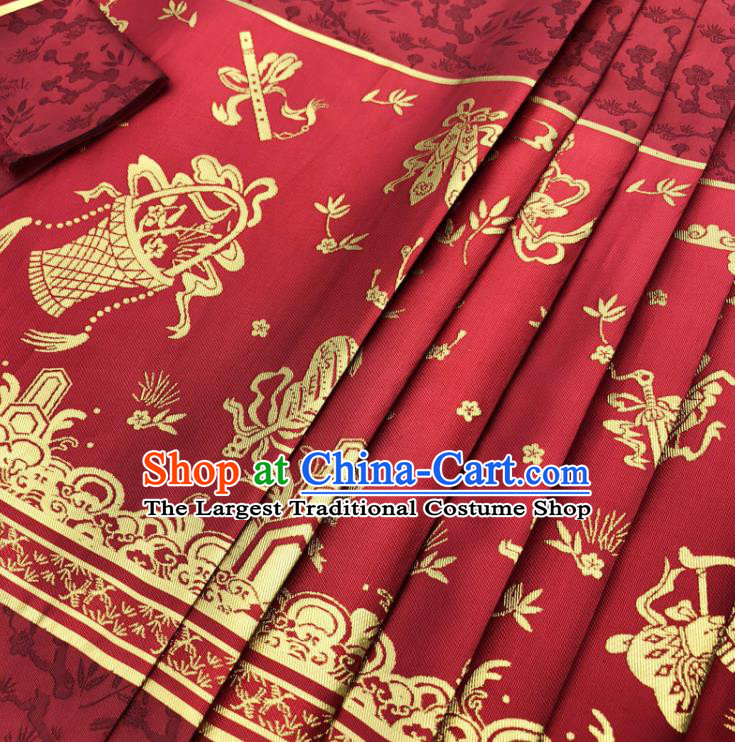Chinese Traditional Eight Immortals Pattern Design Red Brocade Fabric Asian China Satin Hanfu Material