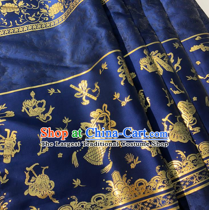 Chinese Traditional Eight Immortals Pattern Design Royalblue Brocade Fabric Asian China Satin Hanfu Material