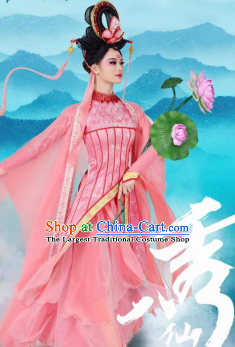 Chinese Stage Performance Qing Show Eight Immortals Goddess He Xiangu Costumes and Headpiece Complete Set