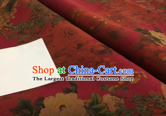 Chinese Traditional Peacock Peony Pattern Design Wine Red Silk Fabric Asian China Hanfu Mulberry Silk Material