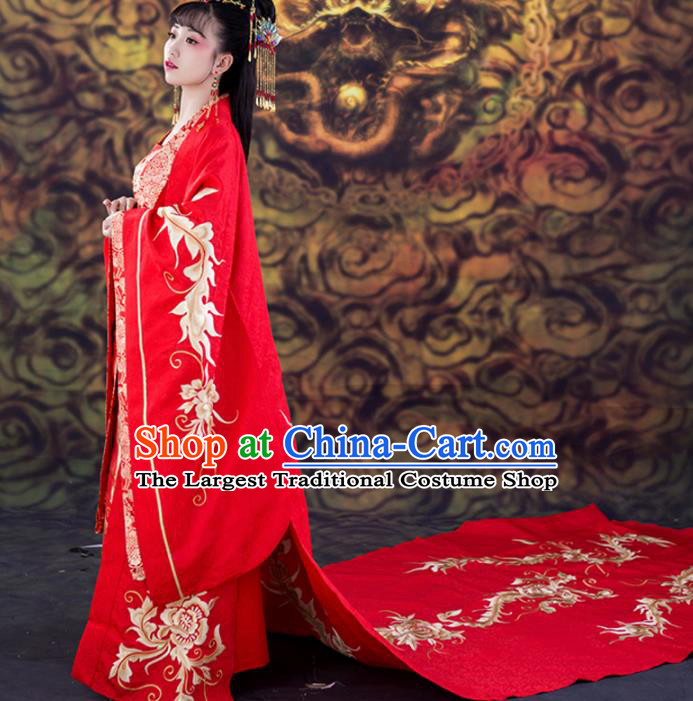 Chinese Traditional Wedding Red Dress Ancient Tang Dynasty Court Princess Costumes and Headpiece for Women